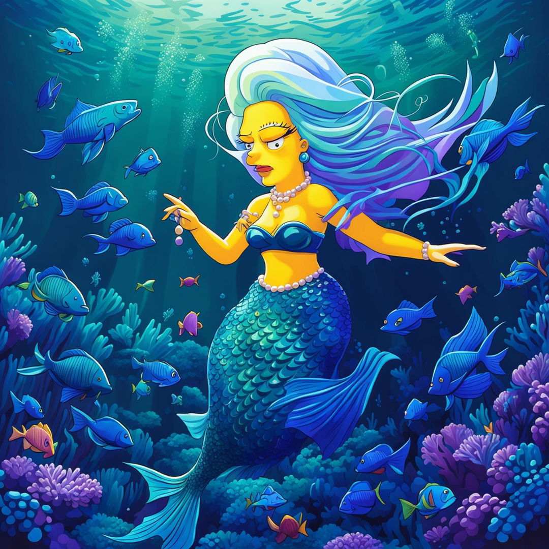 Marge Simpson portrayed as a mermaid with her iconic blue hair flowing in the underwater currents.