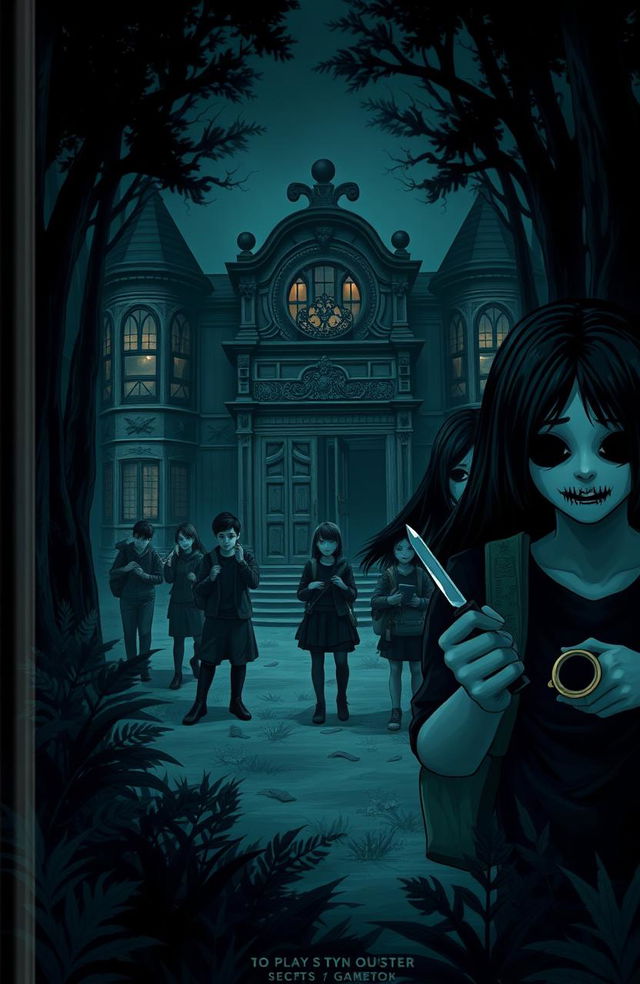 A spooky book cover featuring a grand, old mansion set deep in a dark, dense forest