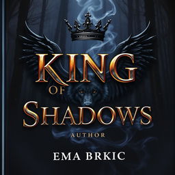 A captivating book cover for 'King of Shadows' featuring the title rendered in striking metallic letters that shimmer against a dark, atmospheric forest background