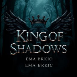 A captivating book cover for 'King of Shadows' featuring the title rendered in striking metallic letters that shimmer against a dark, atmospheric forest background