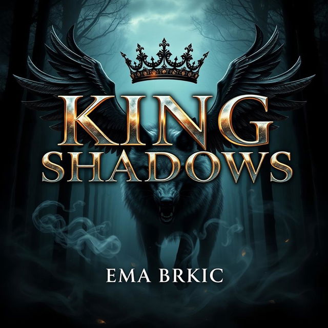 A captivating book cover for 'King of Shadows' featuring the title rendered in striking metallic letters that shimmer against a dark, atmospheric forest background