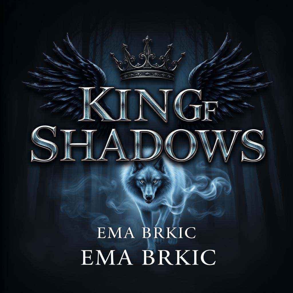 A captivating book cover for 'King of Shadows' featuring the title rendered in striking metallic letters that shimmer against a dark, atmospheric forest background