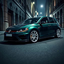 A dark green MK7 Volkswagen Golf R parked in a dark city alley