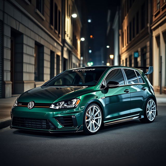 A dark green MK7 Volkswagen Golf R parked in a dark city alley