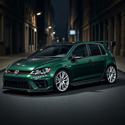 A dark green MK7 Volkswagen Golf R parked in a dark city alley