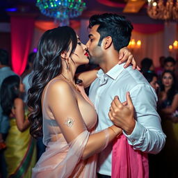 A seductive woman resembling Nushrath Bharucha, adorned in an elegant transparent saree and striking red lipstick, is passionately making out with her man at a lively party