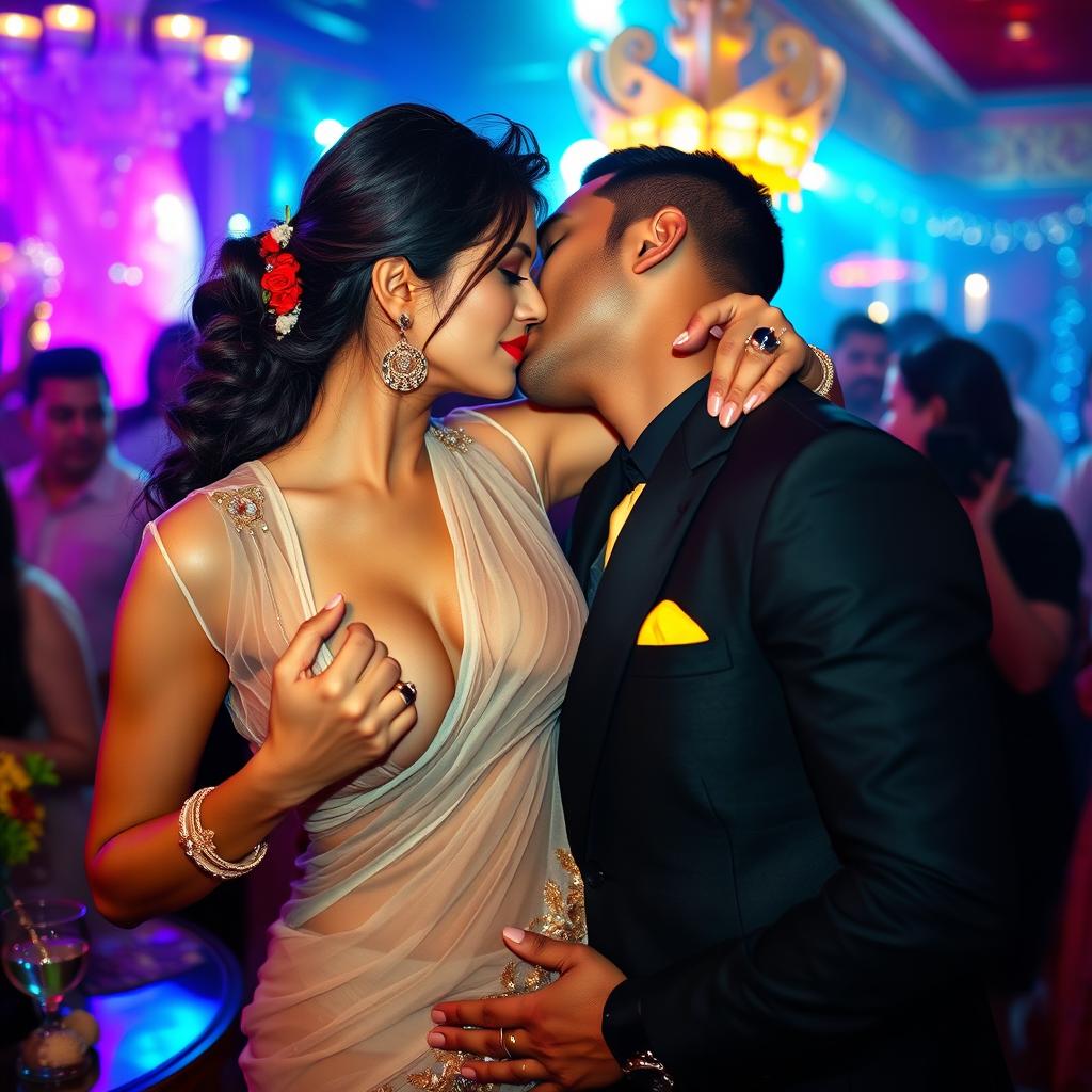 A seductive woman resembling Nushrath Bharucha, adorned in an elegant transparent saree and striking red lipstick, is passionately making out with her man at a lively party