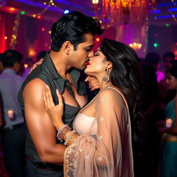 A seductive woman resembling Nushrath Bharucha, adorned in an elegant transparent saree and striking red lipstick, is passionately making out with her man at a lively party