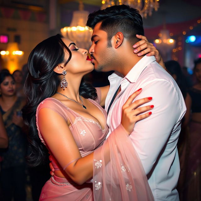 A seductive woman resembling Nushrath Bharucha, adorned in an elegant transparent saree and striking red lipstick, is passionately making out with her man at a lively party