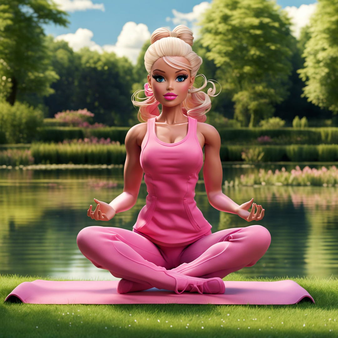 Barbie in a pink workout outfit doing yoga in a serene park.