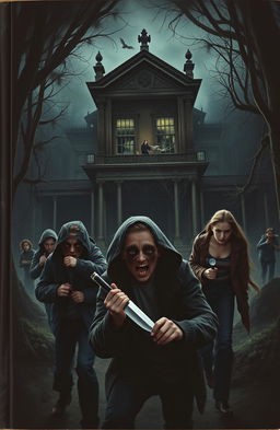 A thrilling book cover featuring a large, eerie old mansion nestled in a dense, shadowy forest