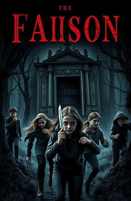 A thrilling book cover featuring a large, eerie old mansion nestled in a dense, shadowy forest