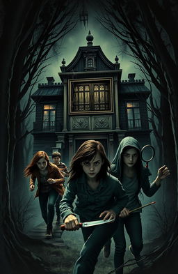 A thrilling book cover featuring a large, eerie old mansion nestled in a dense, shadowy forest