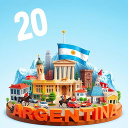 Miniatura vibrante y atractiva para un canal de YouTube, destacando '20 Curiosidades sobre Argentina' en fuente grande y colorida