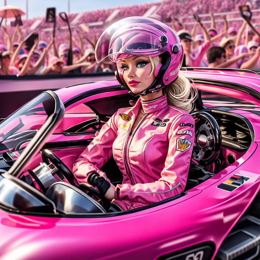 Barbie in a pink racing outfit driving a pink sports car.