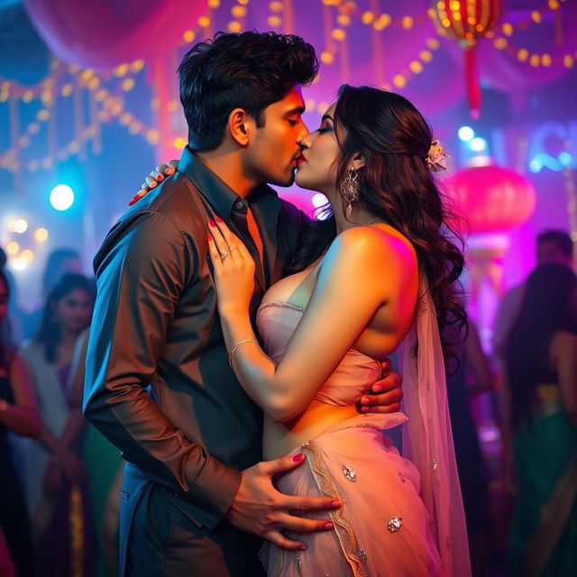 A seductive woman resembling Nushrath Bharucha, dressed in an elegant transparent saree and bright red lipstick, is passionately making out with her man at a vibrant party