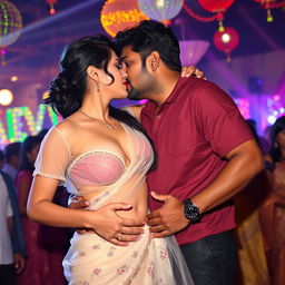 A seductive woman resembling Nushrath Bharucha, dressed in an elegant transparent saree and bright red lipstick, is passionately making out with her man at a vibrant party