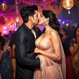 A seductive woman resembling Nushrath Bharucha, dressed in an elegant transparent saree and bright red lipstick, is passionately making out with her man at a vibrant party