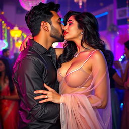 A seductive woman resembling Nushrath Bharucha, dressed in an elegant transparent saree and bright red lipstick, is passionately making out with her man at a vibrant party