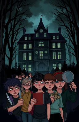 A chilling book cover featuring a large, old mansion shrouded in a dark forest setting, creating an eerie atmosphere