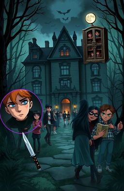 A chilling book cover featuring a large, old mansion shrouded in a dark forest setting, creating an eerie atmosphere