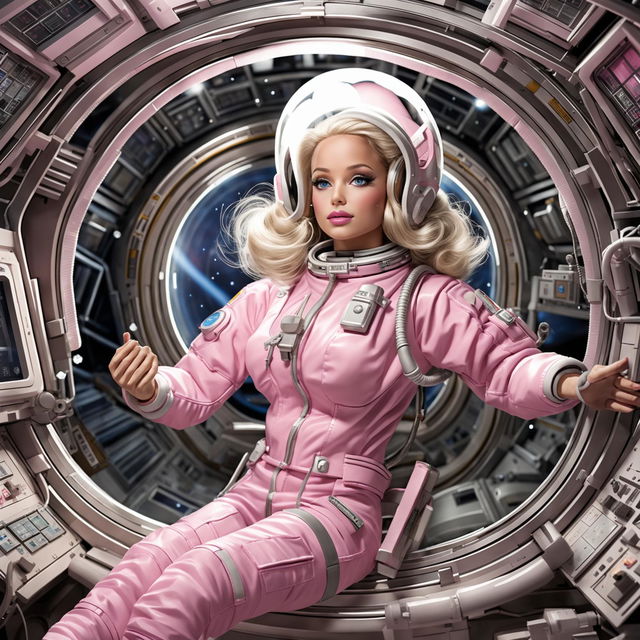 Barbie in a pink astronaut suit exploring a futuristic space station.