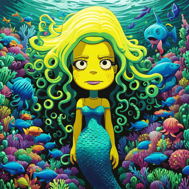 A Simpsons-style mermaid with yellow skin and blue hair in a vibrant underwater setting filled with colorful sea creatures and a sunken ship.