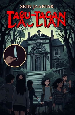 A spooky book cover featuring a large, old mansion surrounded by dense, eerie forest
