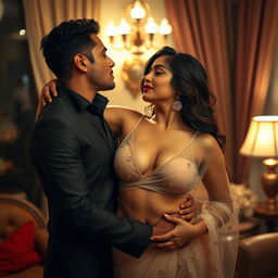 A seductive woman resembling Nushrath Bharucha, dressed in a stunning transparent saree and bold red lipstick, is captured in an intimate moment with her man in a cozy room