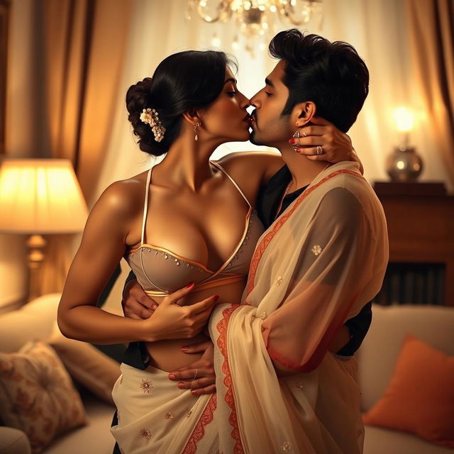 A seductive woman resembling Nushrath Bharucha, dressed in a stunning transparent saree and bold red lipstick, is captured in an intimate moment with her man in a cozy room