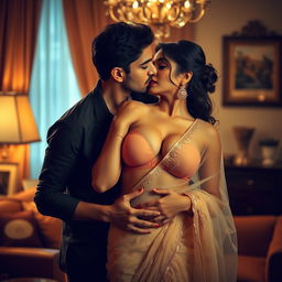 A seductive woman resembling Nushrath Bharucha, dressed in a stunning transparent saree and bold red lipstick, is captured in an intimate moment with her man in a cozy room