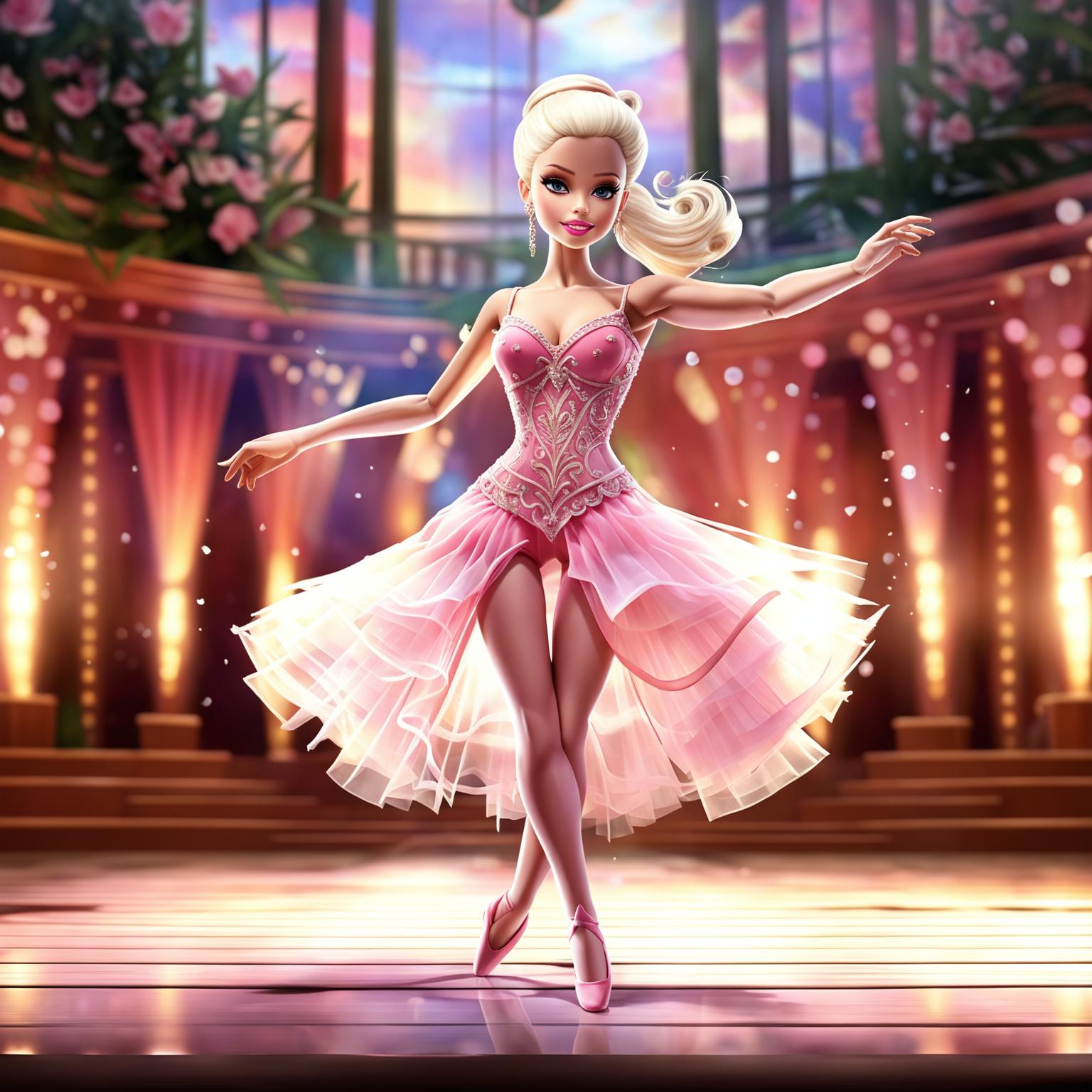 Barbie in a pink ballerina outfit performing on a grand stage.
