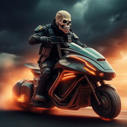 A rifle-armed kidnapper sporting a skeleton face mask and a standard bullet-proof vest, cruising through the sky on a futuristic hover-bike.