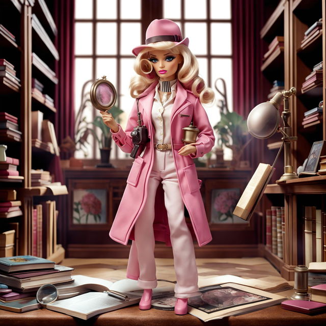 Barbie in a pink detective outfit solving a mystery in a vintage library.