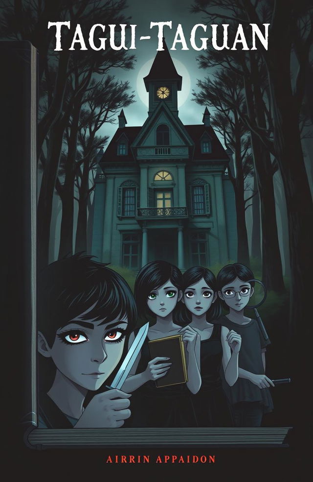 A spooky book cover featuring an old, imposing mansion nestled deep within a dark forest