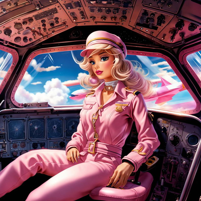 Barbie in a pink pilot uniform flying a pink airplane.