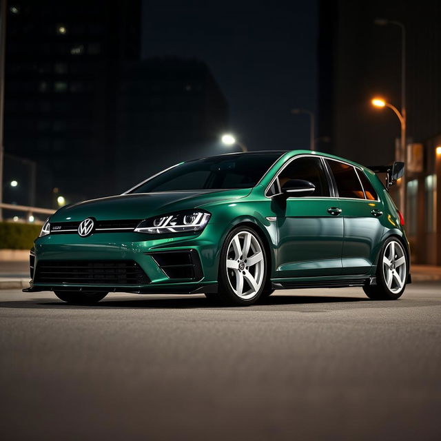 A dark green MK7 Volkswagen Golf R, equipped with white rally car wheels, an impressive ducktail wing, and a stylish body kit