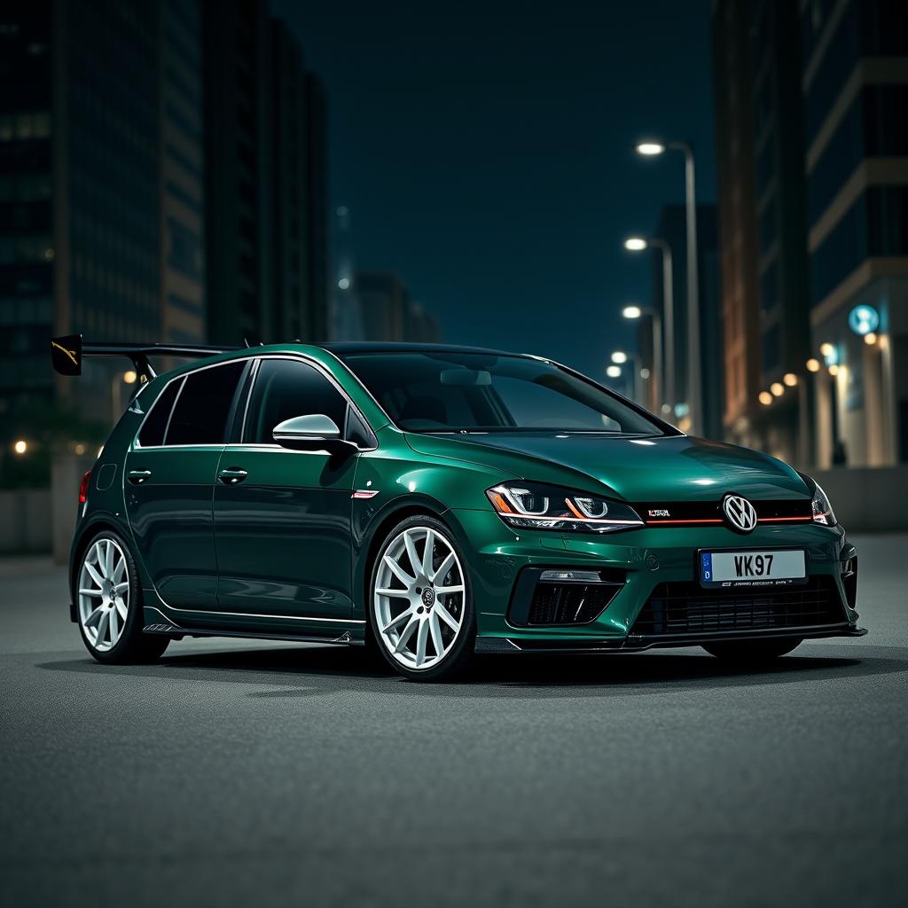 A dark green MK7 Volkswagen Golf R, equipped with white rally car wheels, an impressive ducktail wing, and a stylish body kit