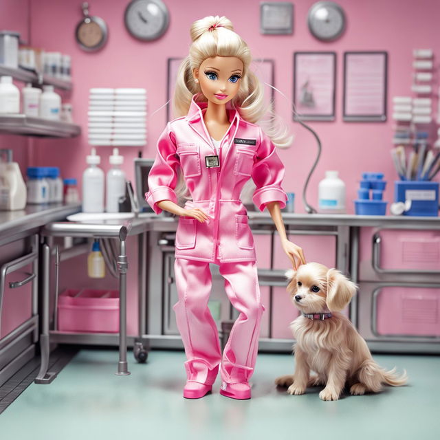 Barbie in a pink veterinarian outfit caring for animals in a modern veterinary clinic.