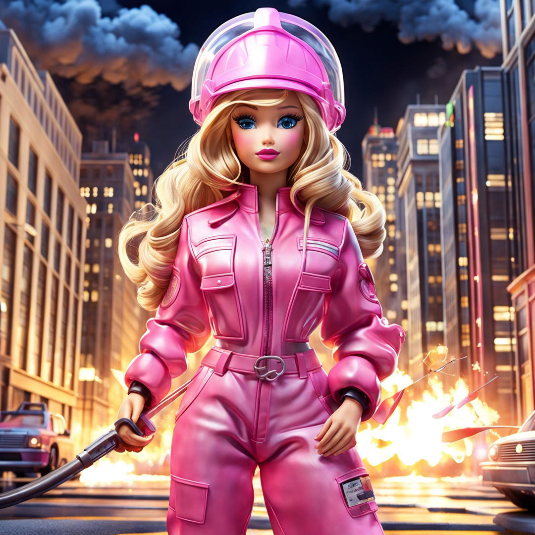 Barbie in a pink firefighter uniform extinguishing a fire in a modern city.