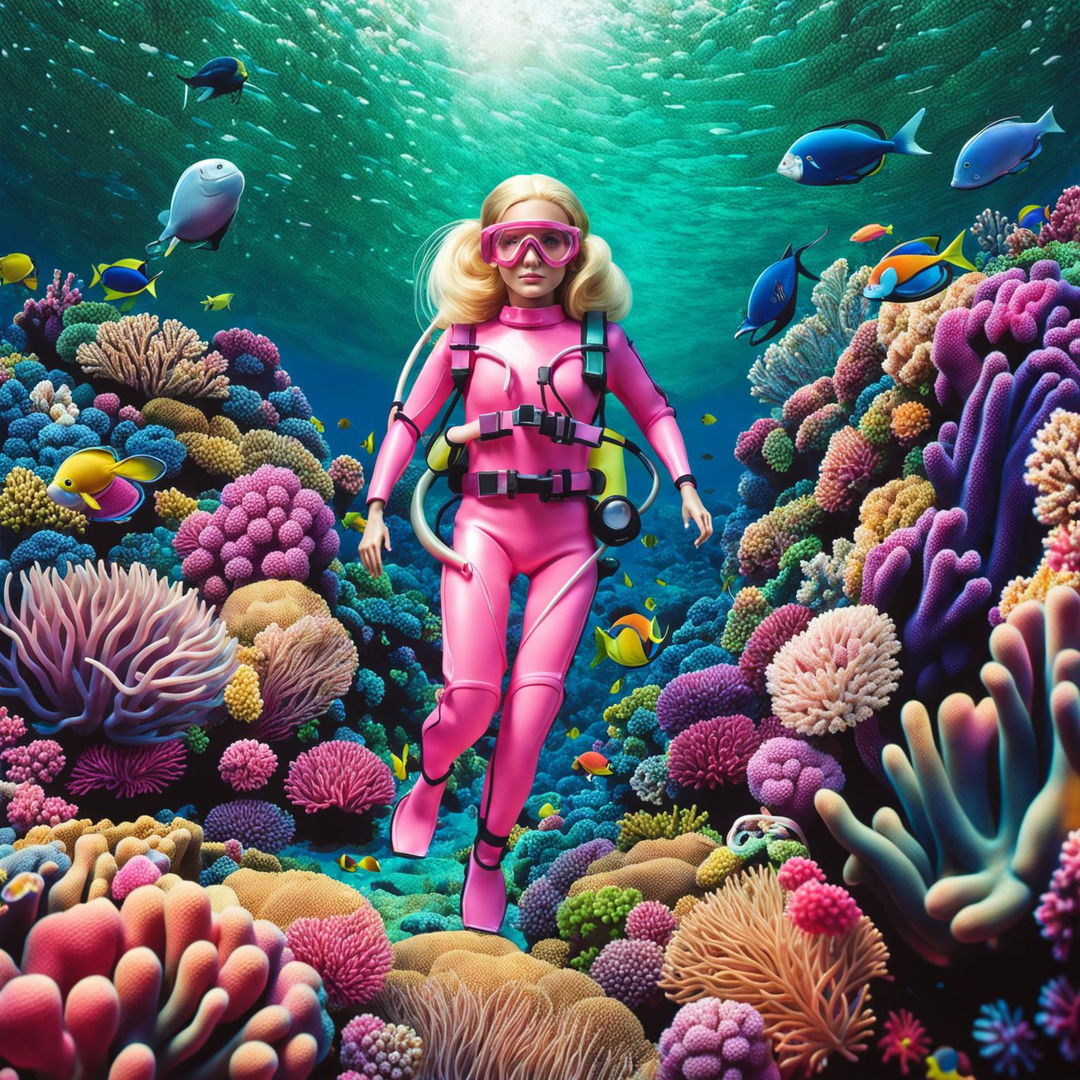 Barbie in a pink scuba diving outfit exploring a vibrant coral reef.