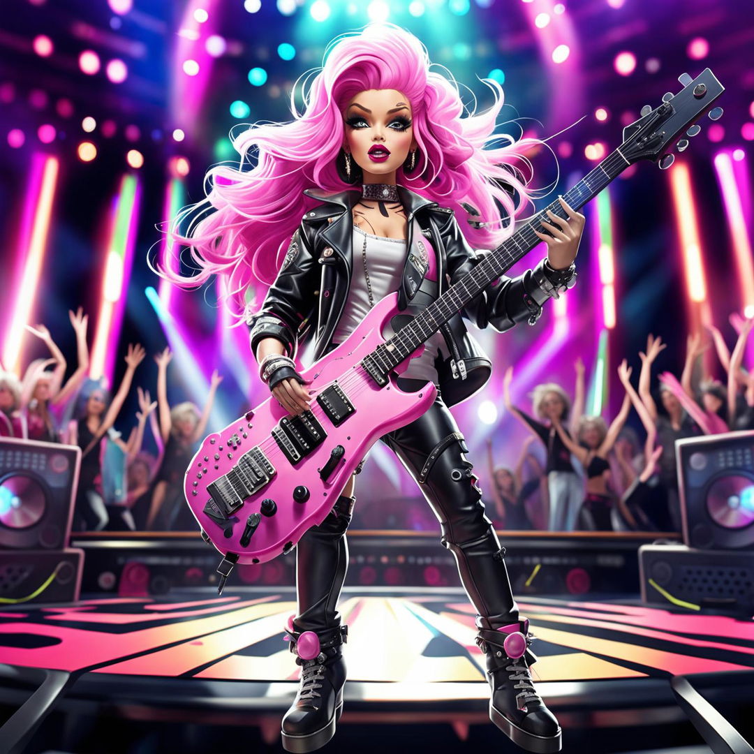 Barbie in a pink rockstar outfit performing on a grand concert stage.