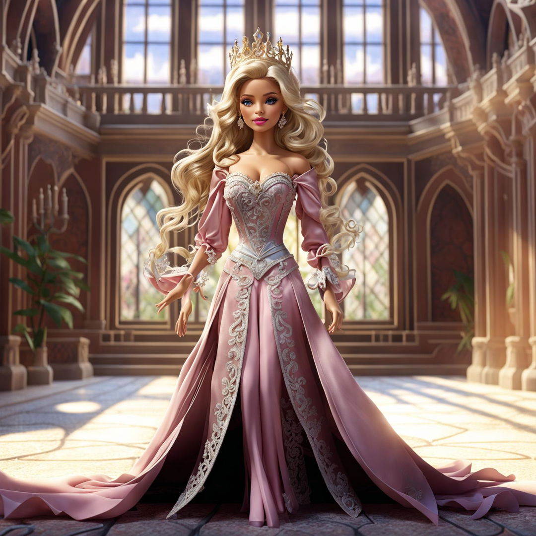 Barbie in a pink medieval princess outfit in a grand castle.