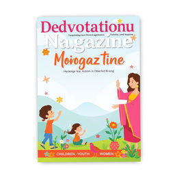 A vibrant and engaging magazine cover design for a devotional organization, targeting children, youth, and women