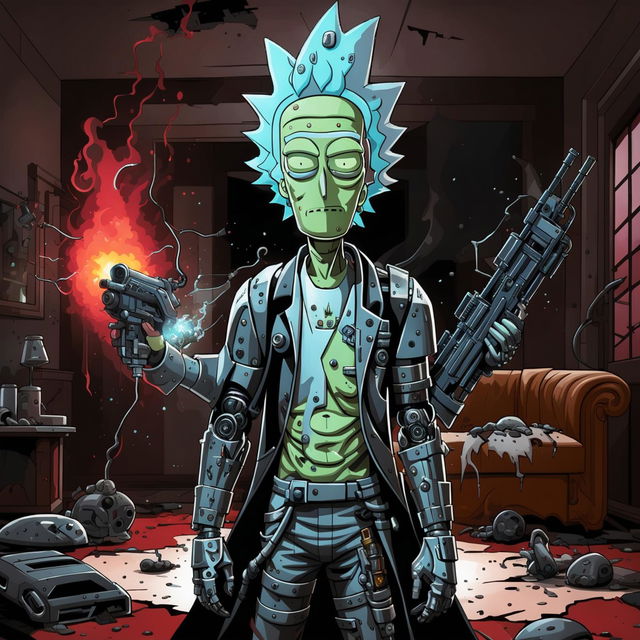 A sinister cyborg version of Rick Sanchez from 'Rick and Morty', complete with glowing red eyes, dark metallic armor, robotic arm with deadly tools, plasma gun, and standing in a dystopian version of the Smith family's living room.