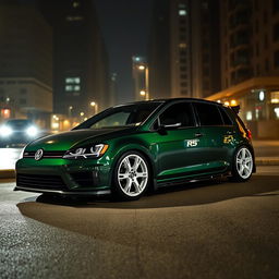 A dark green MK7 Volkswagen Golf R parked in a dimly lit cityscape, showcasing sleek design features such as white Turbomac wheels, a ducktail spoiler, and a stylish body kit