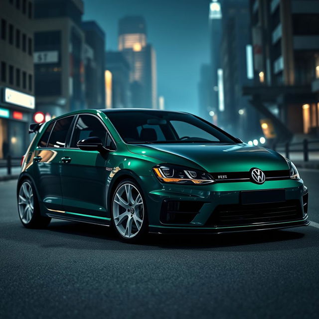 A dark green MK7 Volkswagen Golf R parked in a dimly lit cityscape, showcasing sleek design features such as white Turbomac wheels, a ducktail spoiler, and a stylish body kit