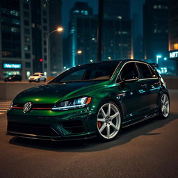 A dark green MK7 Volkswagen Golf R parked in a dimly lit cityscape, showcasing sleek design features such as white Turbomac wheels, a ducktail spoiler, and a stylish body kit
