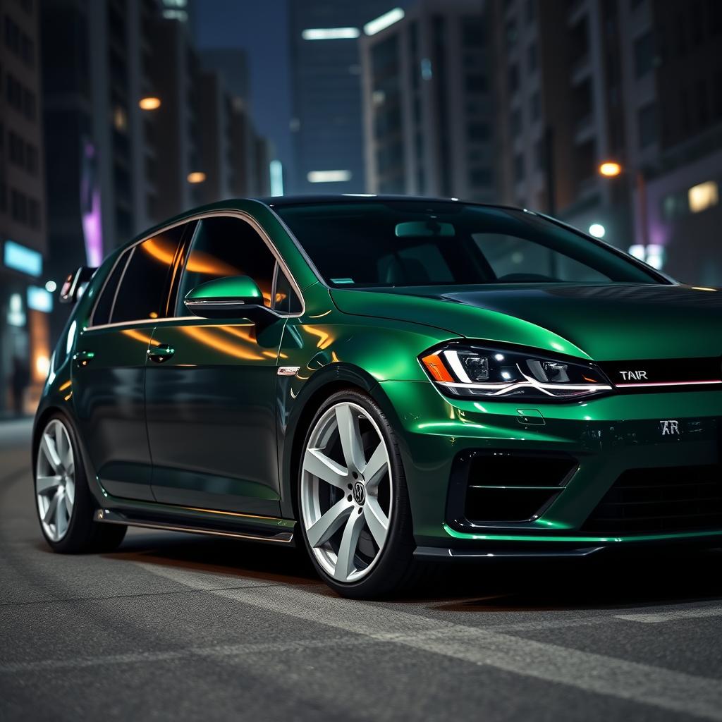 A dark green MK7 Volkswagen Golf R parked in a dimly lit cityscape, showcasing sleek design features such as white Turbomac wheels, a ducktail spoiler, and a stylish body kit