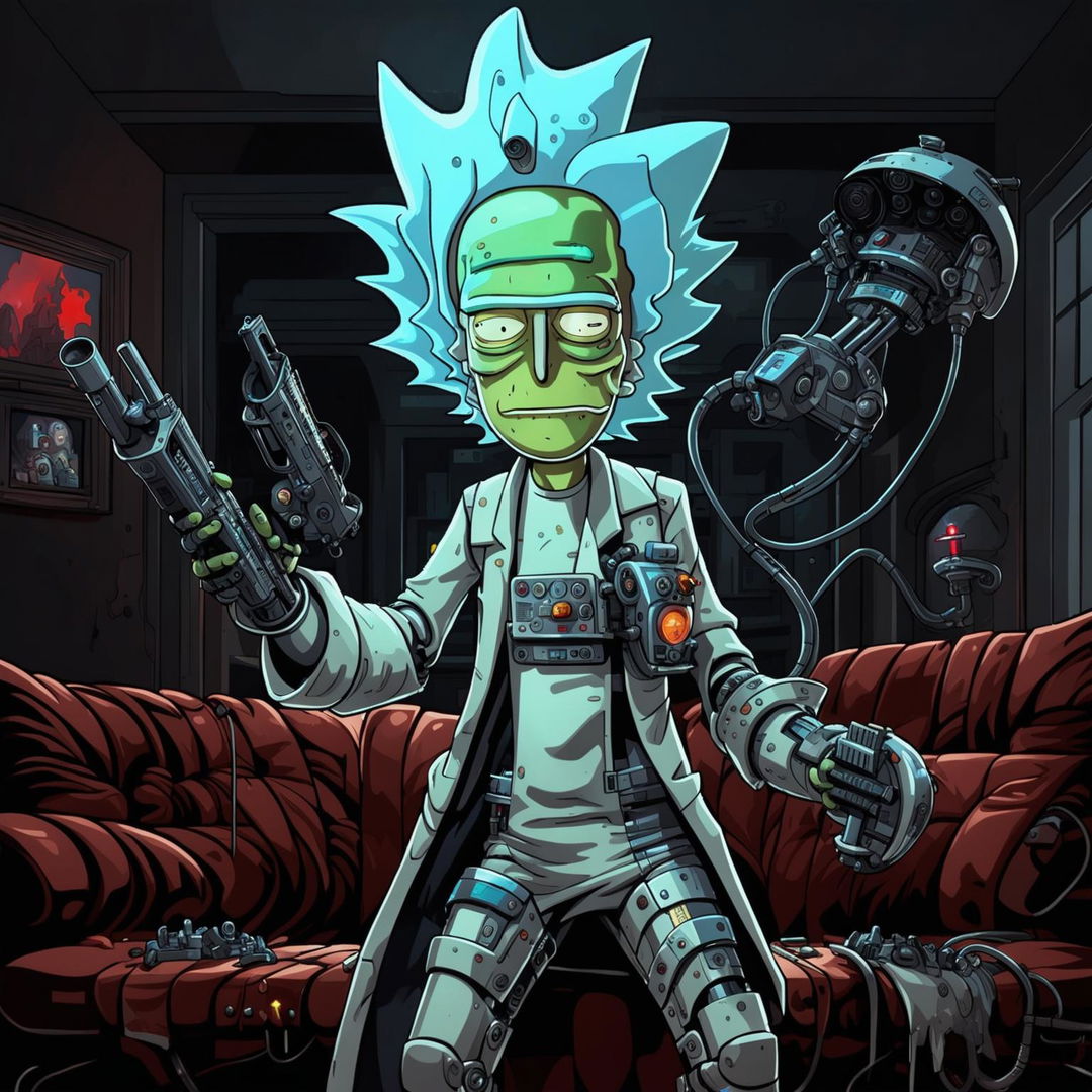 A highly detailed, menacing cyborg Rick Sanchez from 'Rick and Morty', with his iconic lab coat, robotic enhancements, glowing red eyes, holding a plasma gun, in a dystopian Smith family's living room.